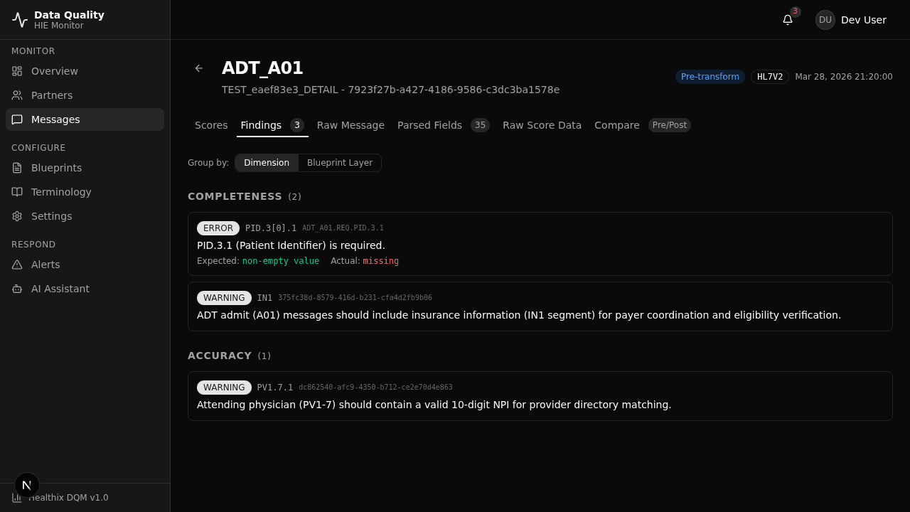 DQM findings view showing quality issues and remediation evidence
