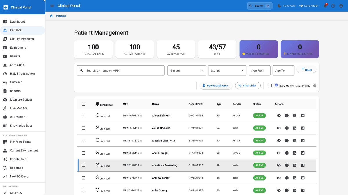 Patient management view with status and outreach coordination