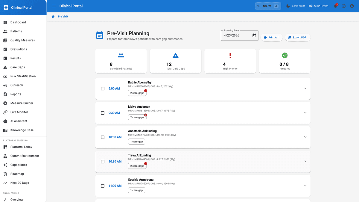 Provider dashboard showing quality and patient action context