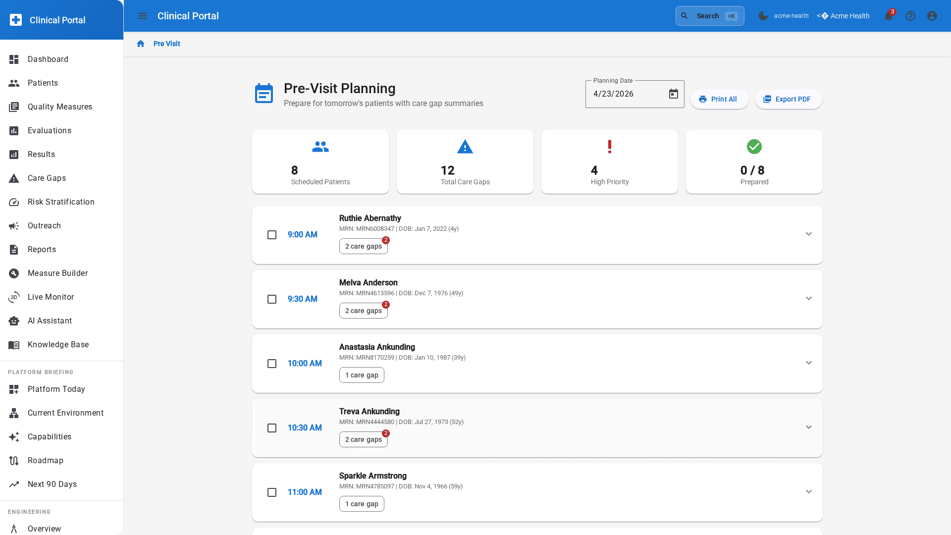 Data Motion Platform provider dashboard showing real-time quality signals and patient actions