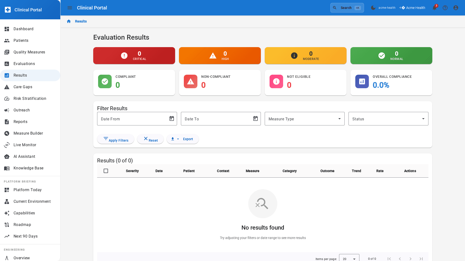 HDIM results table showing 150 HEDIS evaluations with severity, trend, and compliance rate columns