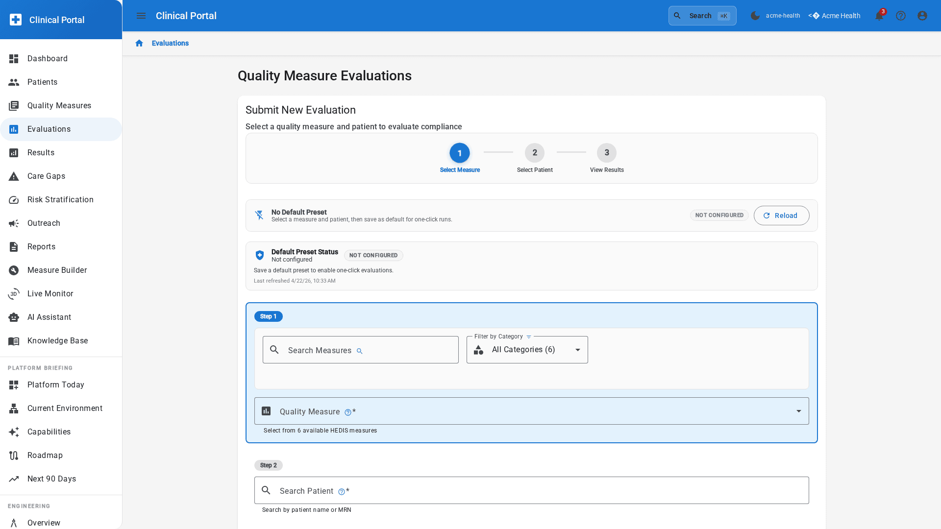 HDIM Clinical Portal showing HEDIS evaluation results with Breast Cancer Screening measure detail