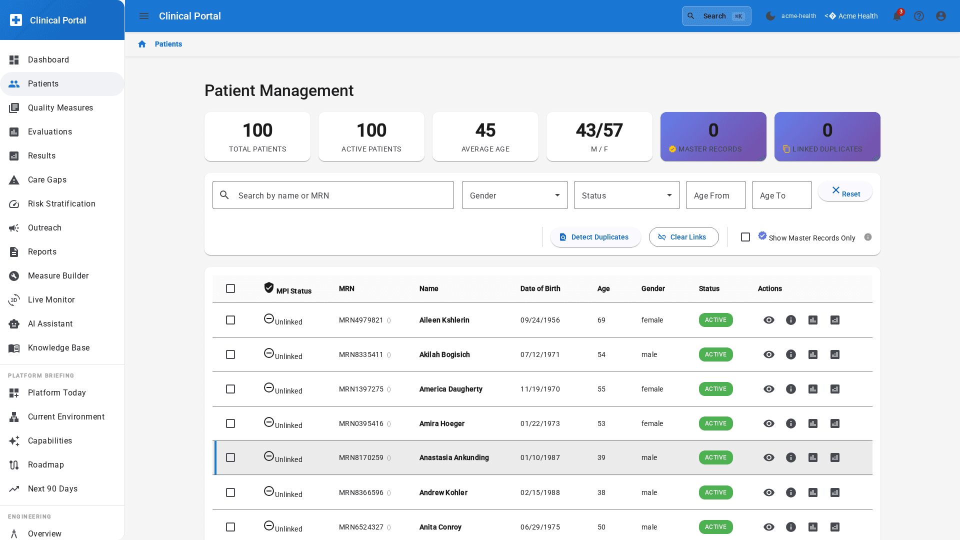 HDIM patient management dashboard showing 100 patients with demographics, MPI status, and search filters